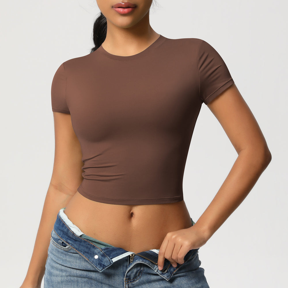Patchworkcasualeasiest for match tight short-sleeved yoga clothes for women running fitness pilates sports quick-drying t-shirt tops