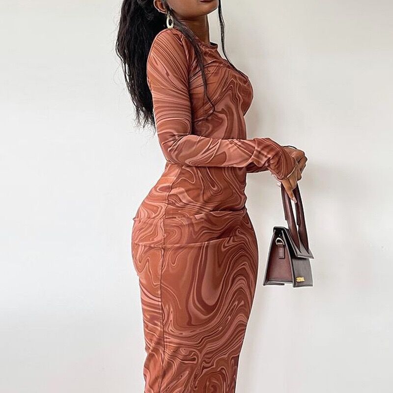 European and american style cross-border women's clothing  autumn new long-sleeved dress printed round neck slim fit midi dress for women