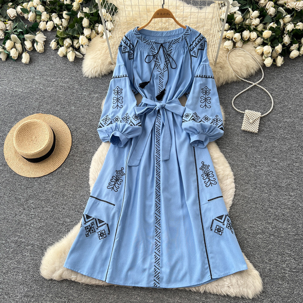 Bohemian embroidered maxi dress - women's summer long sleeve tie-waist a-line dress - vintage ethnic style