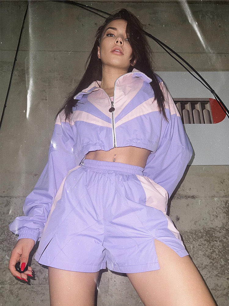 European and American loose casual women's clothing fashion contrasting colors long-sleeved sports cardigan cardigan cardigan shorts two-piece set women's suit women
