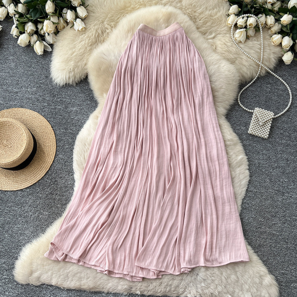 K-style high waist pleated elastic waist skirt women's summera-shaped pleated large hem work clothingelegant long skirt multi-color