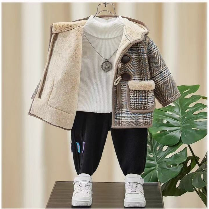 Kids' winter wool coat: stylish boys' mid-length woolen overcoat with fleece lining for toddlers and young children