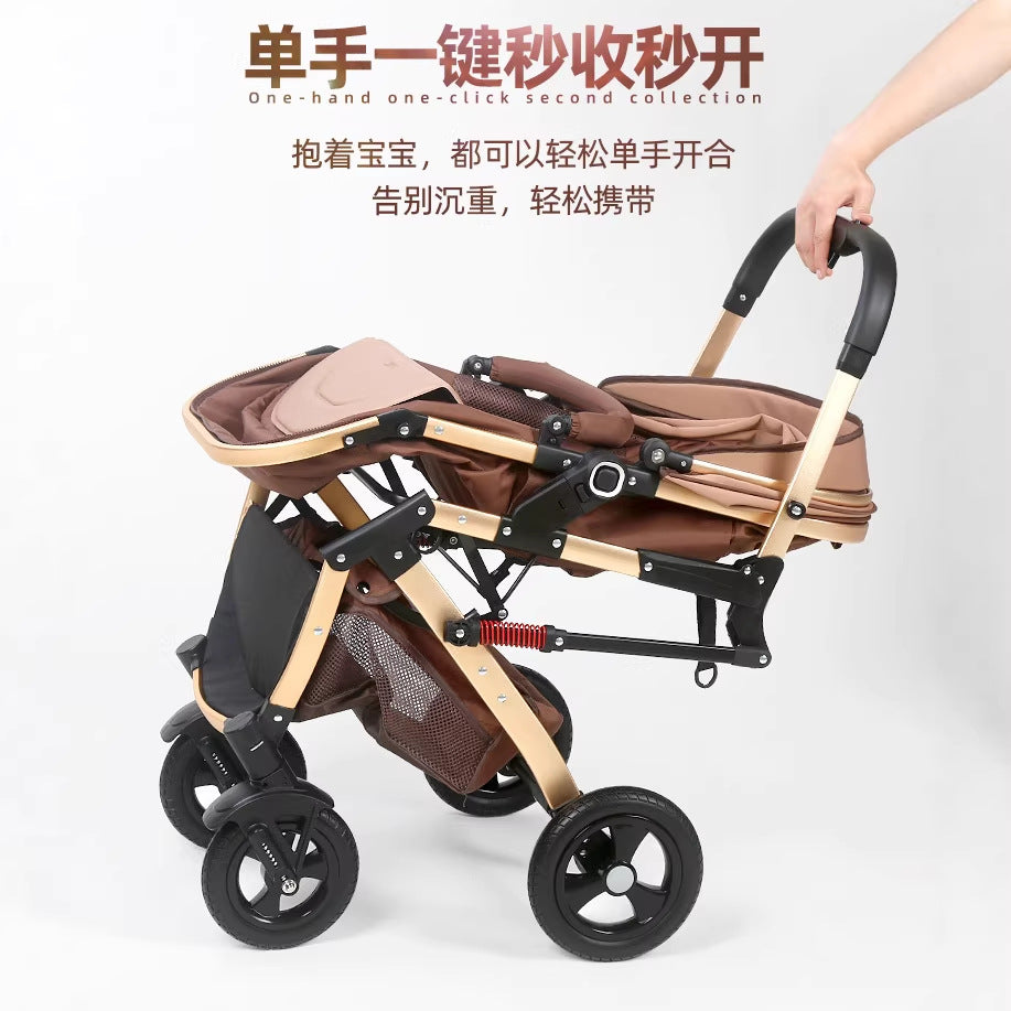 Newborn baby sleeping blue reversible, sit or lie down, high view baby stroller, foldable shock absorber stroller, two-way baby stroller