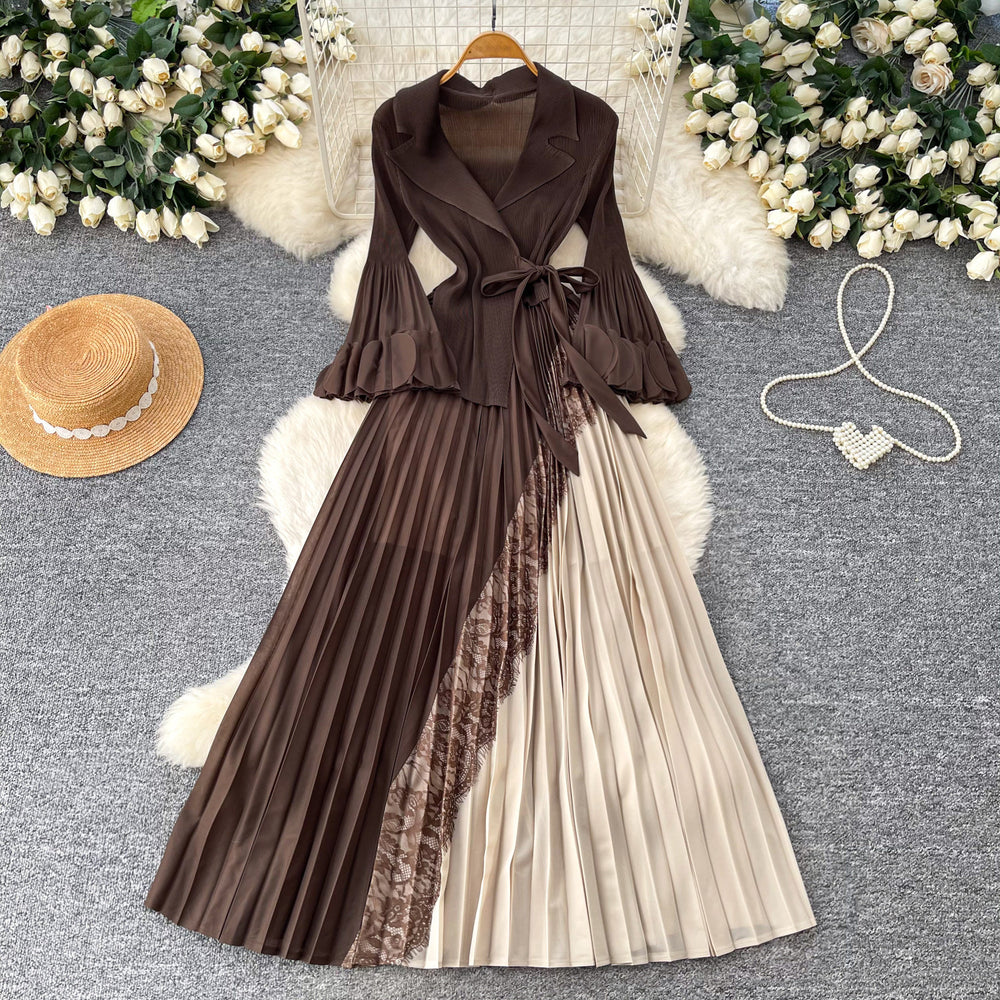 Elegant and chic commuter style tie-waist v-neck pleated midi dress - korean style long sleeve slim fit designer maxi dress