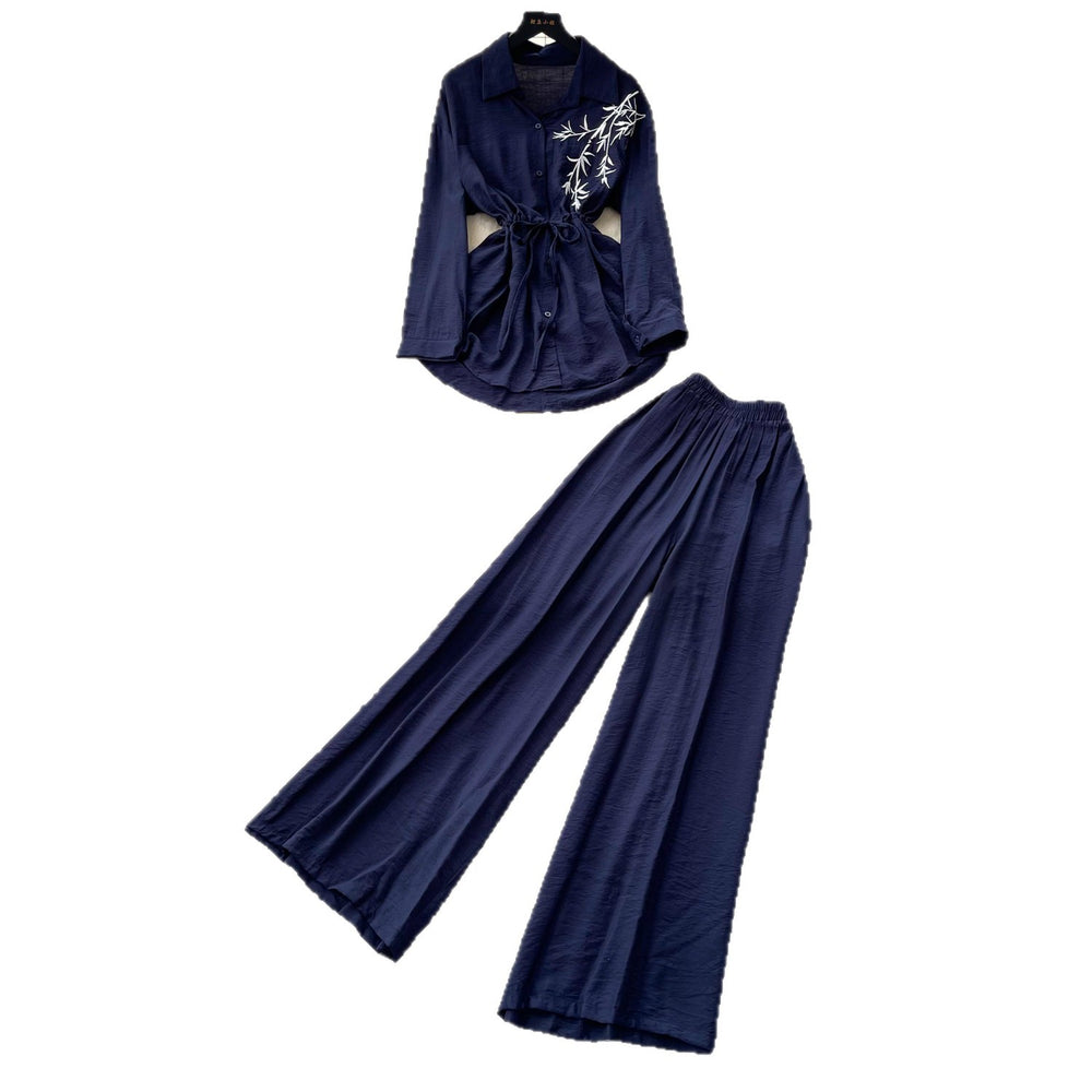 Light mature style zen bows strappy waist shirt women's spring autumhigh waistloose pantstwo-piece setautumwork clothing