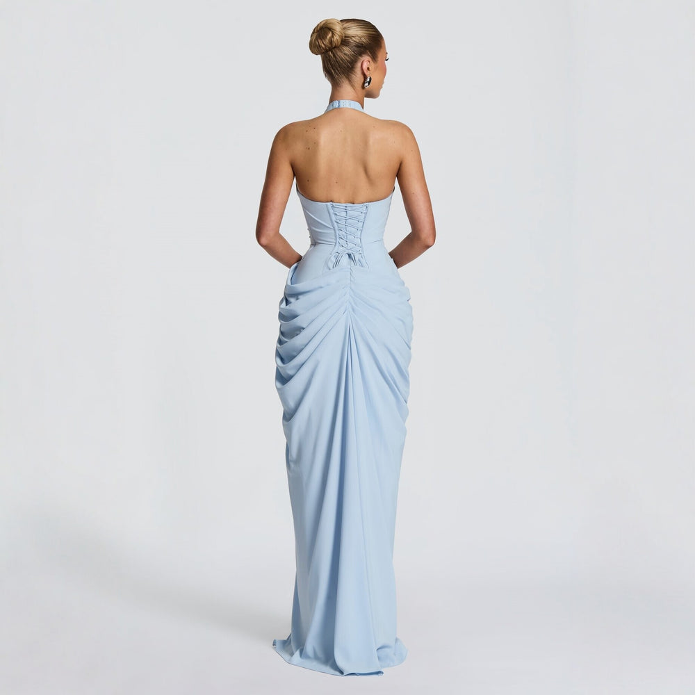 Amazon  new arrival: halter neck v-neck sexy bodycon dress - vertical pleated tie-up backless slit dress for women