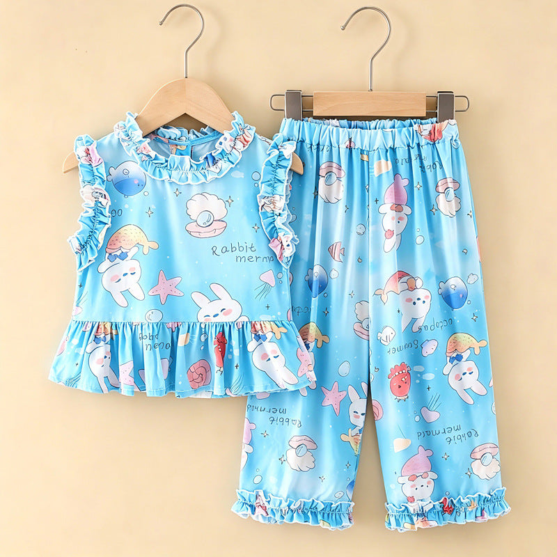Girls' rayon outerwear set - cartoon print, loungewear, loose fit, breathable, cute summer lightweight lace pajamas