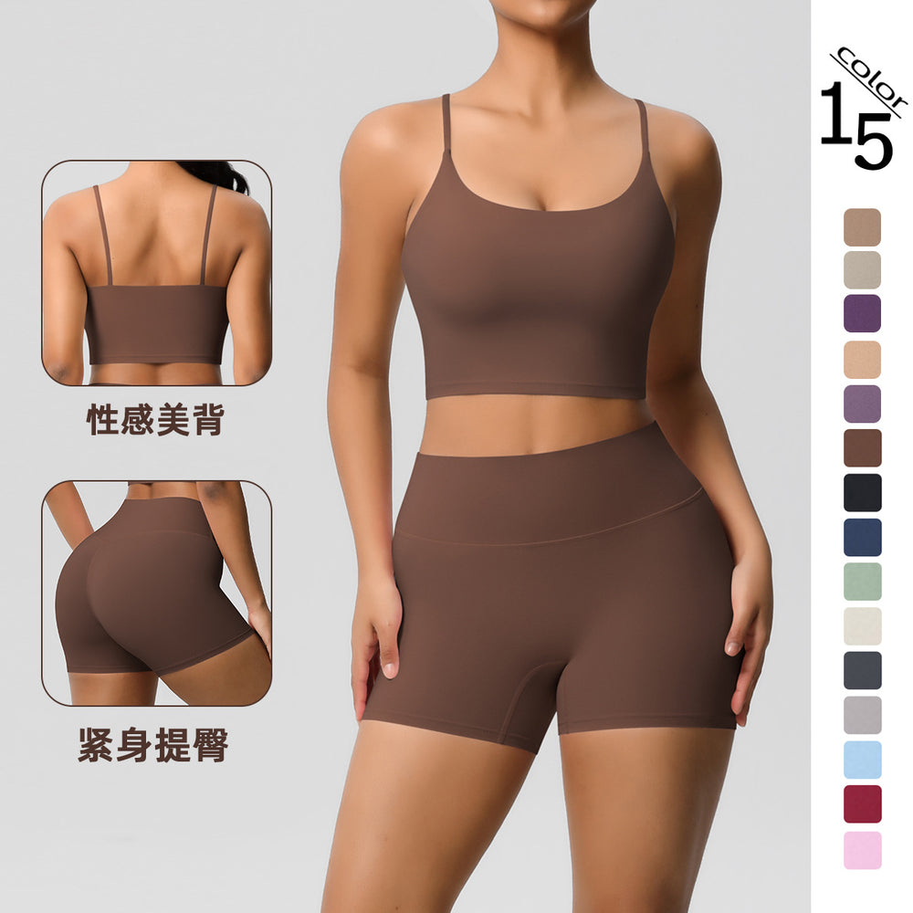 New arrival: cross-border brushed solid color racerback compression breathable yoga set - women's activewear running & fitness shorts set