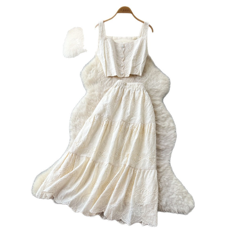Super fairy holiday style cut outembroider camisole high waist skirt women's summer two-piece set silmelegantsuit
