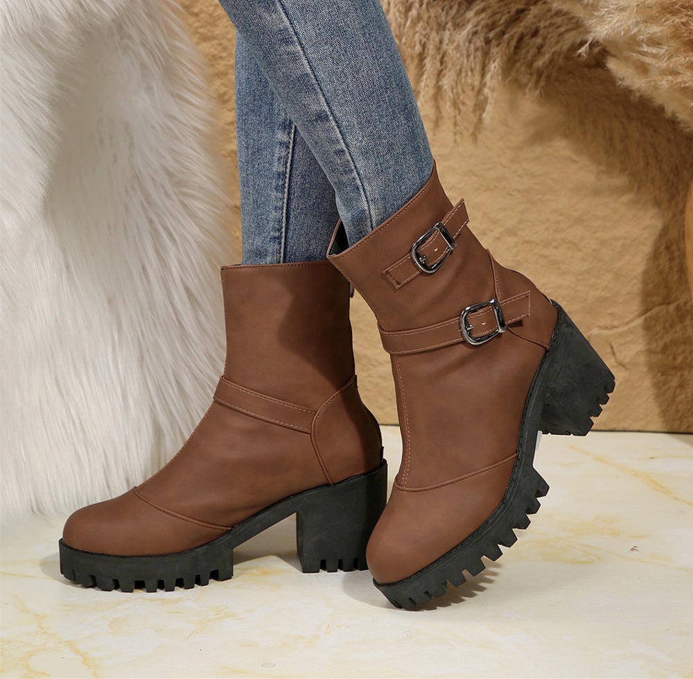 plus size boots for women fall and winternew arrivalfashionfashion round toe thick heel belt buckle women's boots