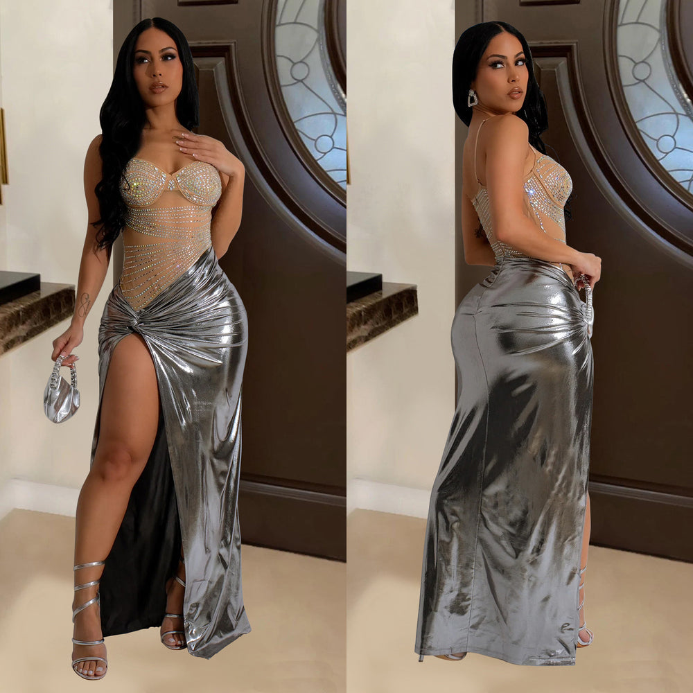 C6935 cross-border   independent station fashion fashion women's high slit hot diamond see-through dress