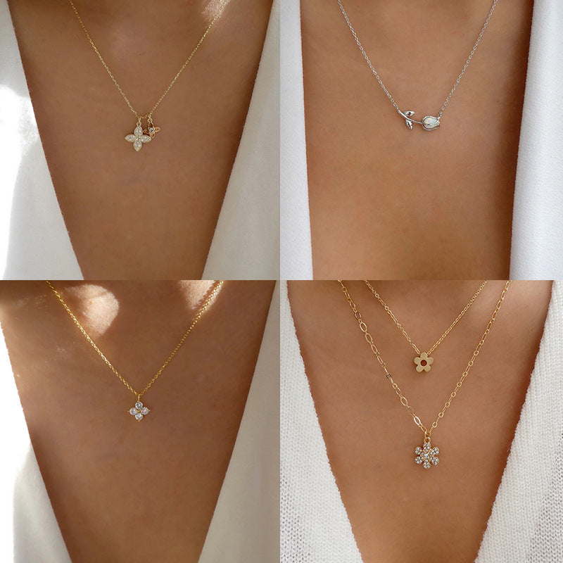 Wholesale diamond-encrusted choker necklace - european & american cross-border jewelry, minimalist versatile alloy flower pendant necklace for women, sweater chain