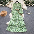 French retro floral v-neck long sleeve dress - women's summer korean style slimming ruffle tiered cake dress - romantic & chic