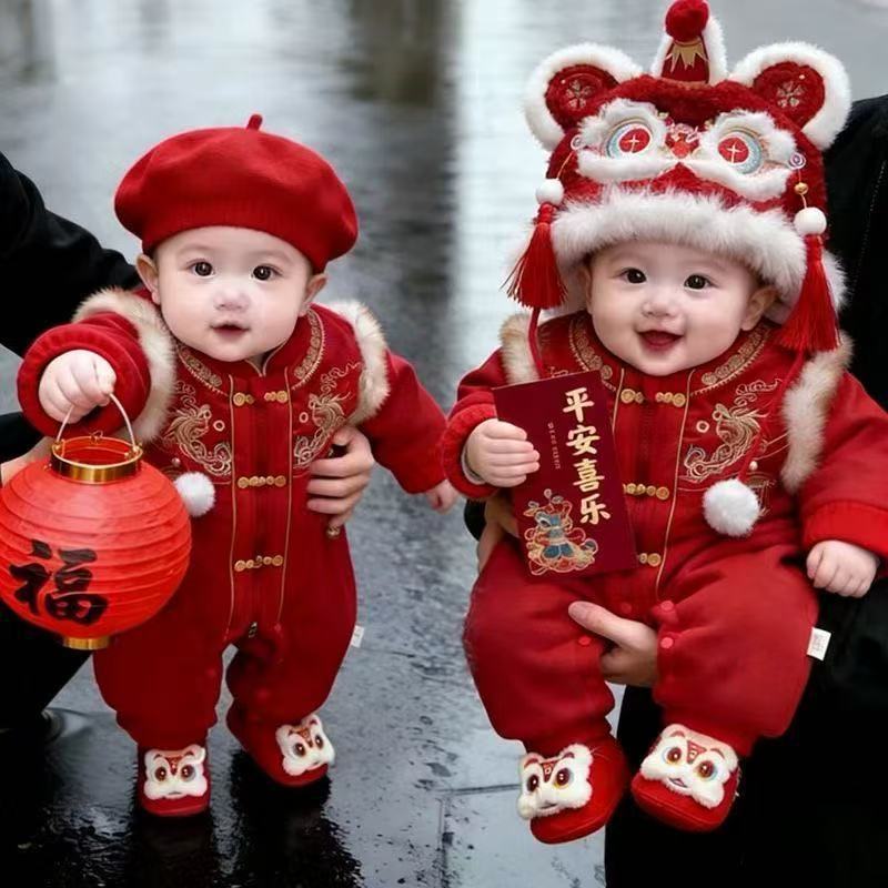 New year's greetings winter first birthday 100 days baby dress baby jumpsuit new year's day festive clothes trendy hooded