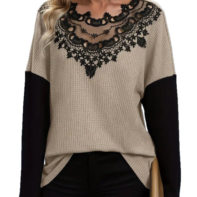 Shipped: european and american cross-border e-commerce lace patchwork hollow-out loose long-sleeve top -  independent website