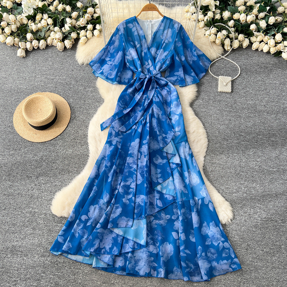 Women's spring dress : french chic tie-waist v-neck asymmetrical print chiffon maxi dress