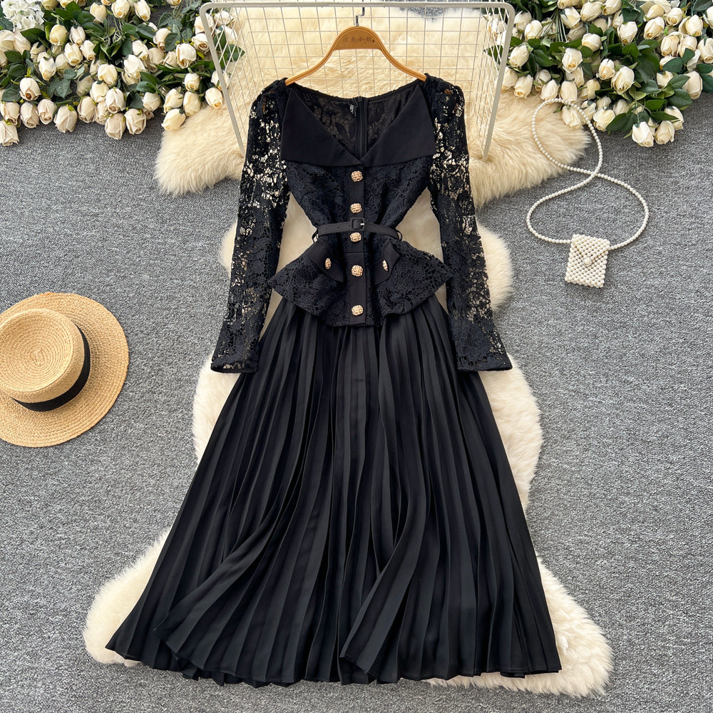 Frenchclassy sense lapel lacepatchwork metal buckle waist pleated dress female autum tweed style long skirt