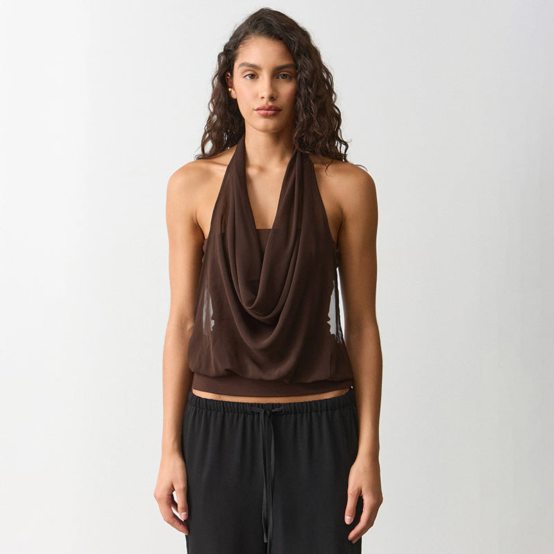 fashion style women's clothing  spring and summer new arrivalfashionelegant sleeveless halter layered backless t-shirttops for women