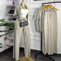 European and american cross-border women's fashion  autumn new arrival: casual turn-down collar loose-fit short sleeve shirt and tie-waist wide-leg pants set