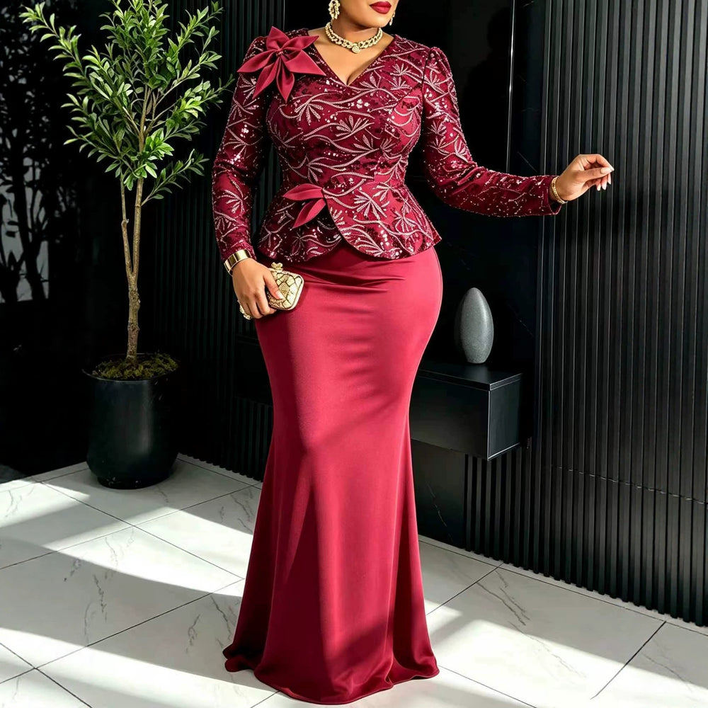 New plus size sequin party dress - 3d floral slim fit patchwork long sleeve banquet cocktail elegant evening gown