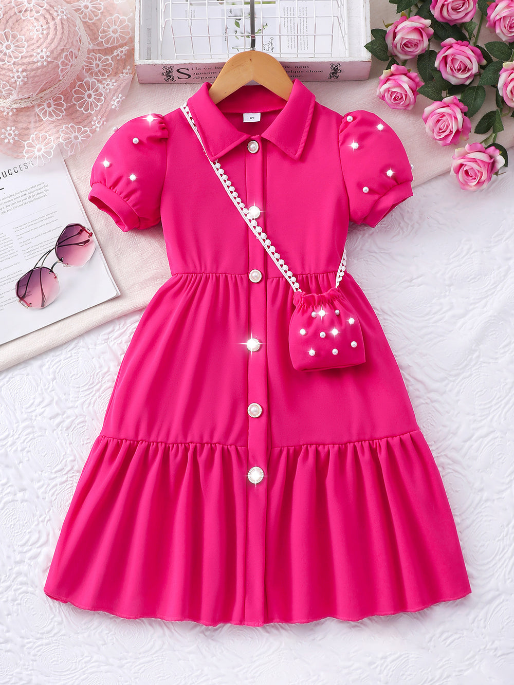 Girls' dress, solid color dress with pearl sleeves + pearl crossbody bag