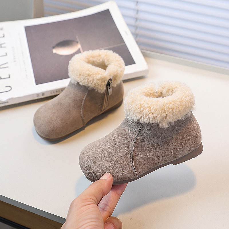 Girls' lambswool snow boots - new  collection: kids' retro fuzzy ankle boots, plush-lined flat winter cotton shoes