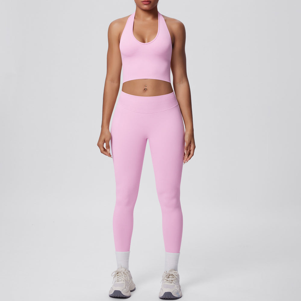 fashion seamless halter neck back yoga suit running sports fitness yoga suit two-piece set for women