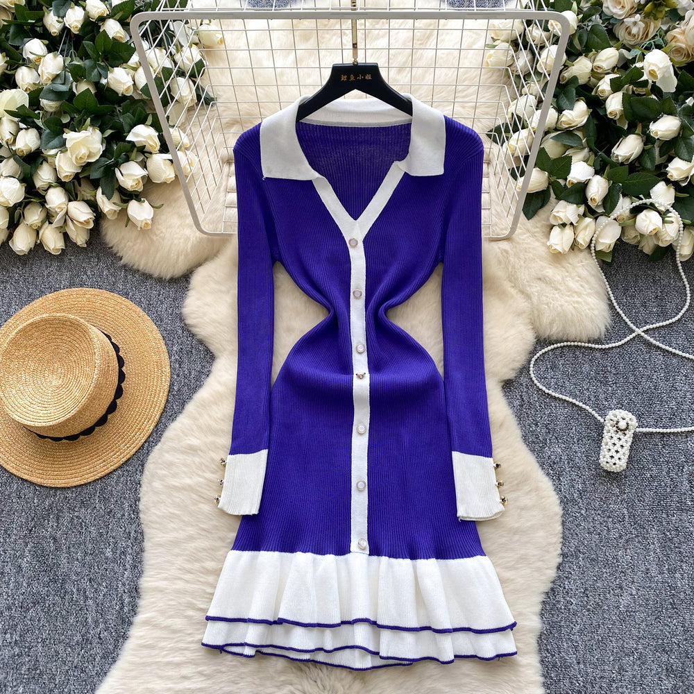 Frenchretrocontrast colorpolo collarlong sleeves single breasted silmdress women's waistelegantrufflessweater skirt