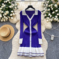 Frenchretrocontrast colorpolo collarlong sleeves single breasted silmdress women's waistelegantrufflessweater skirt