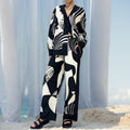 cross-border european and american women's clothing: new summer collection - unique graffiti casual turn-down collar shirt long sleeve fashion set