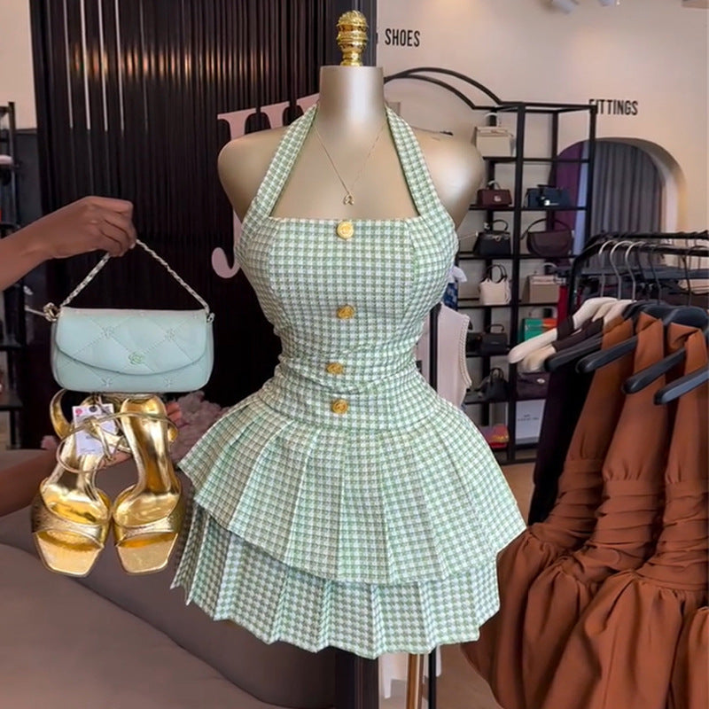 European and american women's clothing 2020 autumn new sweet and fresh plaid halter neck tube top backless high waist slimming pleated skirt