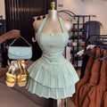 European and american women's clothing 2020 autumn new sweet and fresh plaid halter neck tube top backless high waist slimming pleated skirt