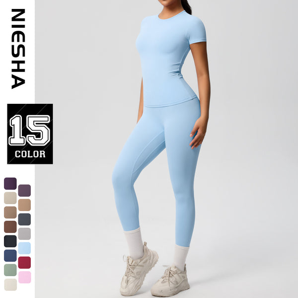 Cross-border, European and American sports nude skin-friendly solid color sports T-shirt elastic short-sleeved yoga pants high-waisted fitness suit women