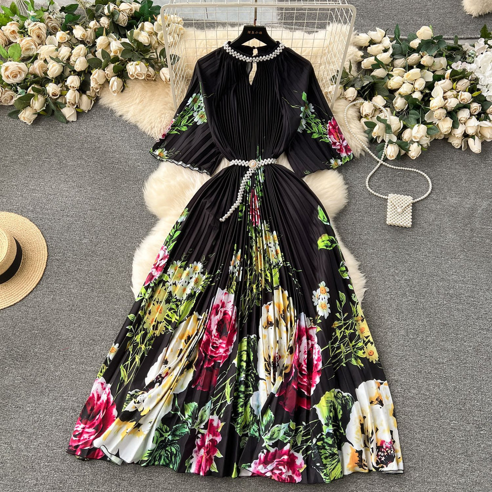 European style plus size women's high-end printed, heavily beaded, pleated long formal dress with pleated skirt - elegant women's dress