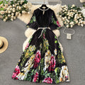 European style plus size women's high-end printed, heavily beaded, pleated long formal dress with pleated skirt - elegant women's dress