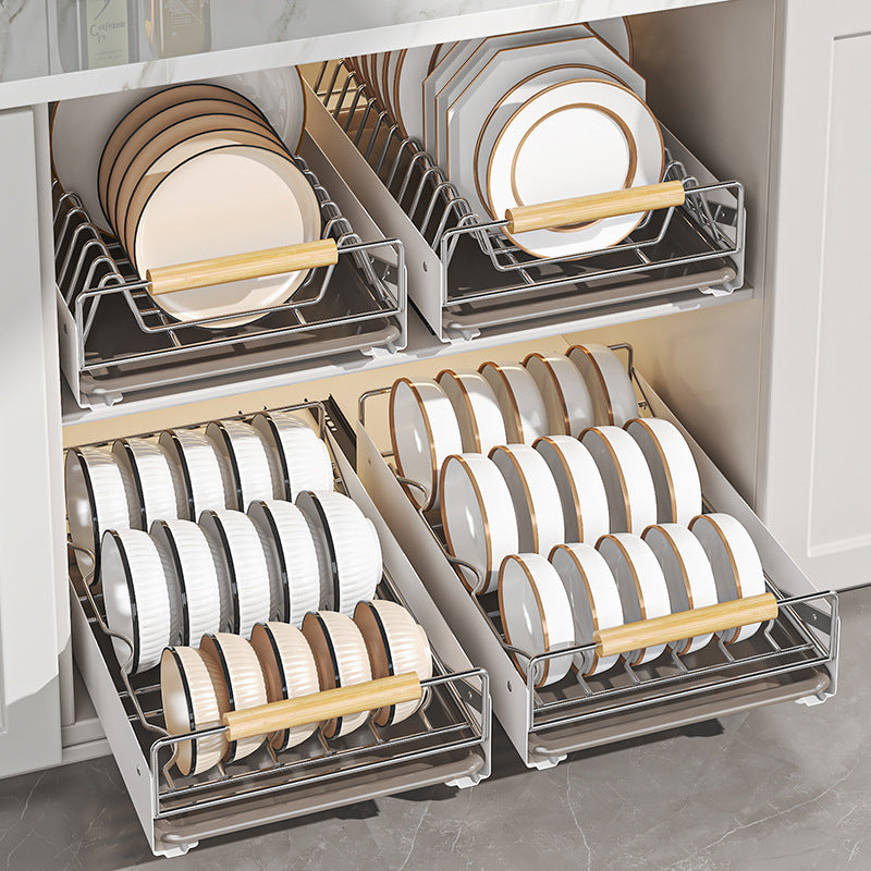 Stainless steel kitchen dish rack guide rail non-punching pumping basket rack cabinet storage tableware dish drain rack