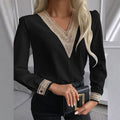 fashion women's clothing:  spring european and american style lace trimmed blouse, solid color patchwork v-neck long sleeve shirt