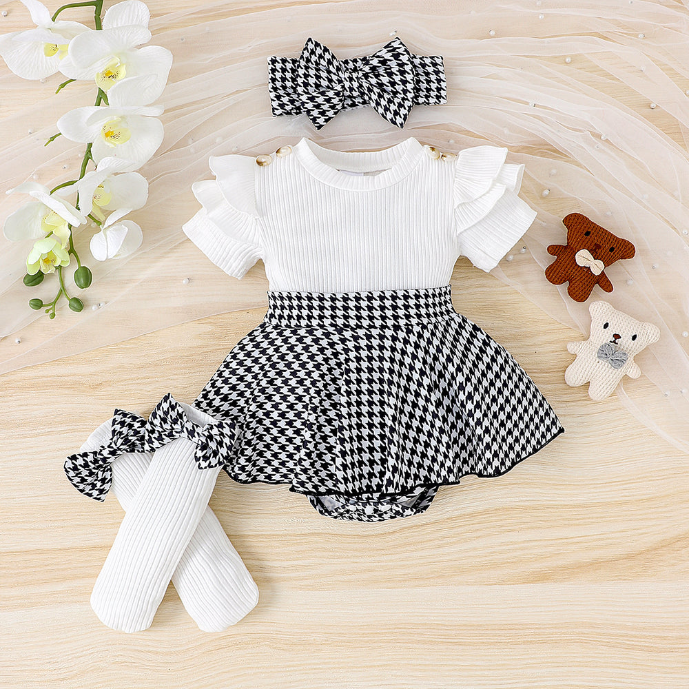 Children's clothing  cross-border european and american girls black tops houndstooth skirt suit new