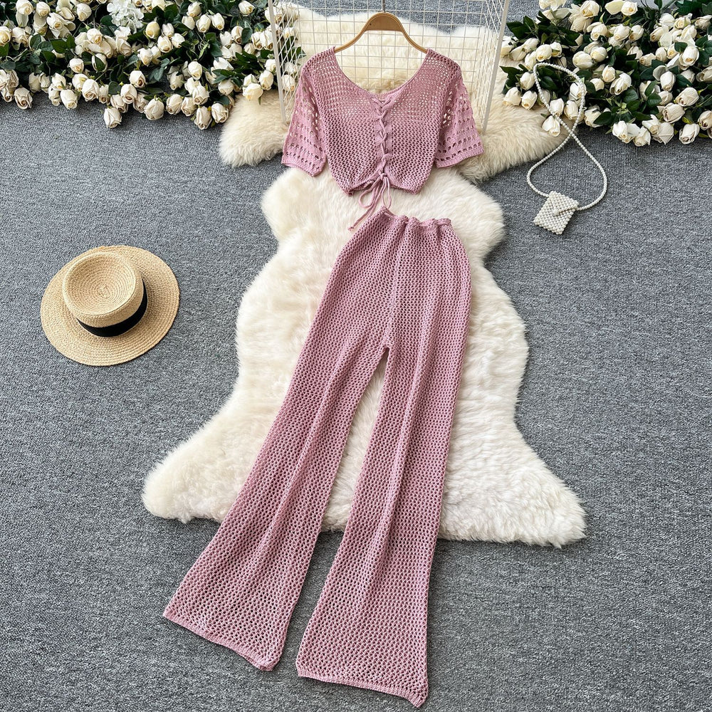 Korean style sweet & chic two-piece set: cutout & tie-strap knit top with high-waisted wide-leg pants