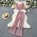 Korean style sweet & chic two-piece set: cutout & tie-strap knit top with high-waisted wide-leg pants