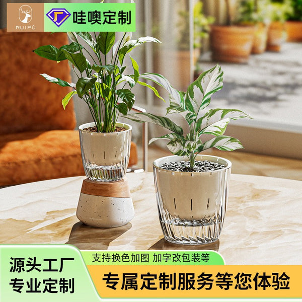 Manufacturer direct batch customization transparent lazy self-absorbing flower pot desktop hotel supermarket special flower pot thickened drop-resistant pot