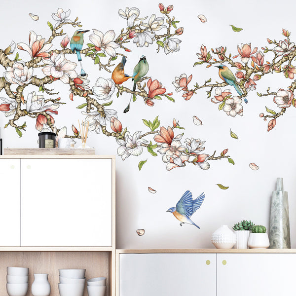 Bedroom background decoration sticker living room TV background wall Magnolia sticker large flower and bird wallpaper background wall sticker