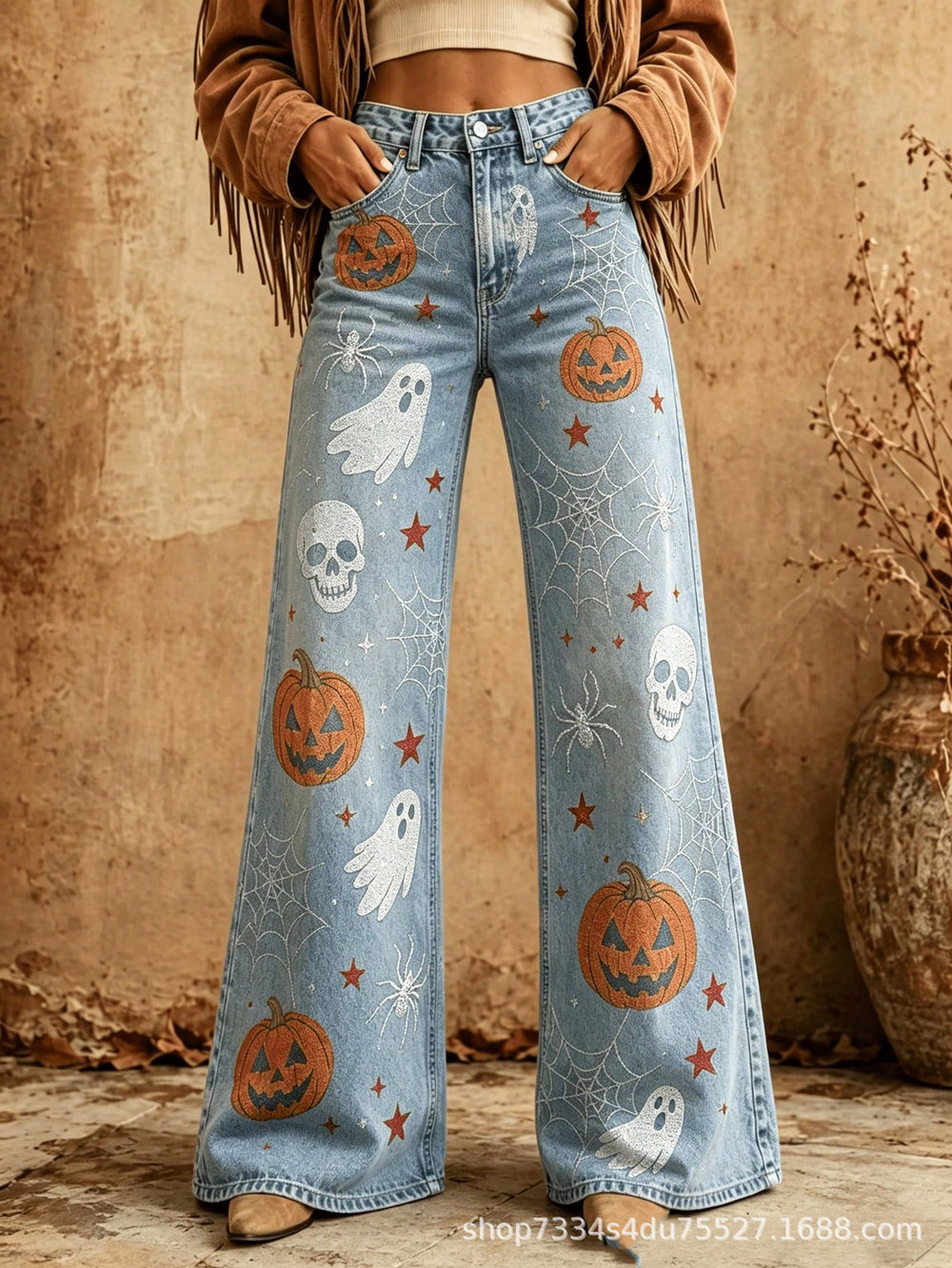 Fashionjeans women's light blue washed pumpkin ghost skull printing high waist slightly flared denim pants export