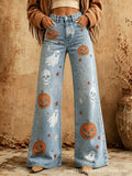 Fashionjeans women's light blue washed pumpkin ghost skull printing high waist slightly flared denim pants export