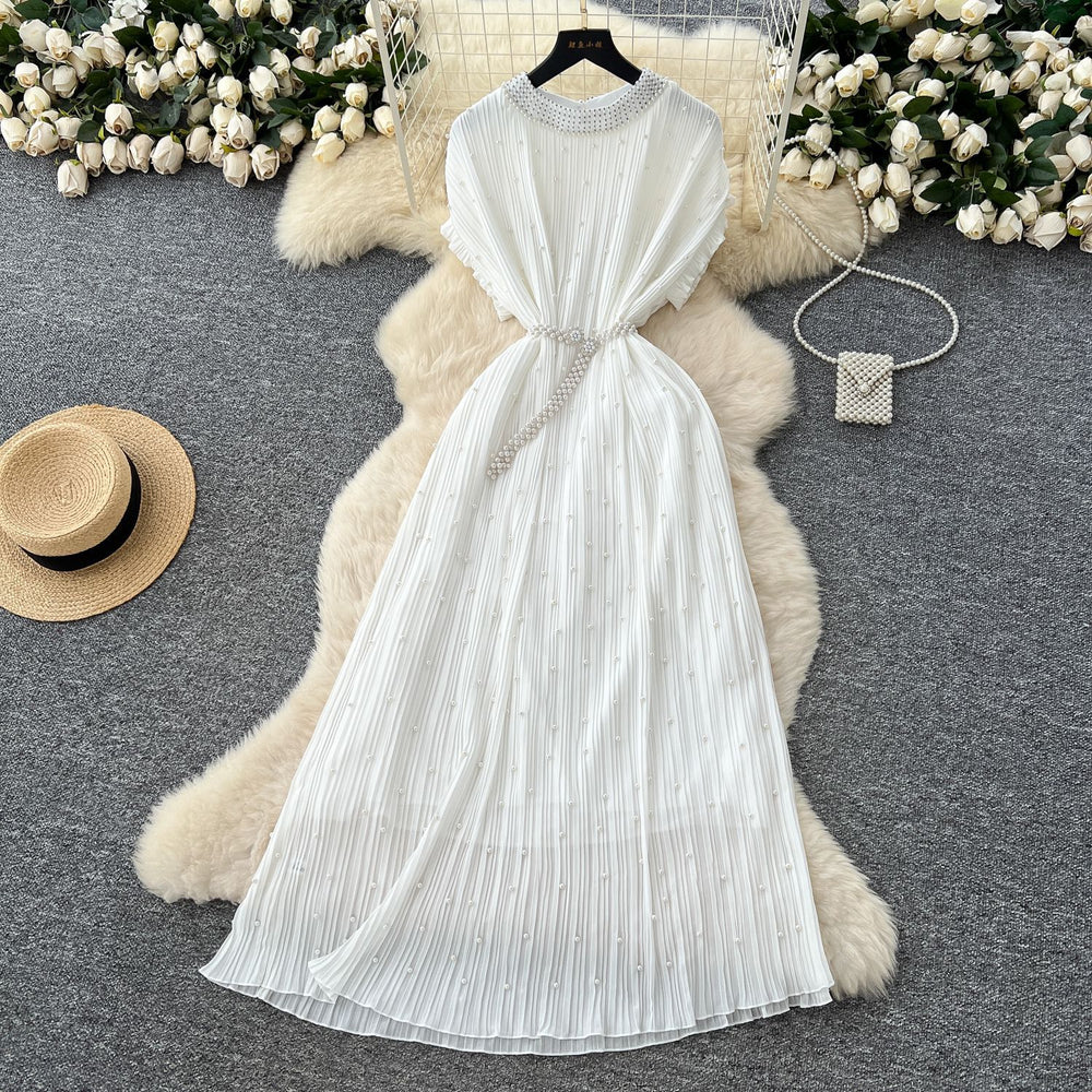Frenchclassyelegant heavy industry beading round neck short sleeve pleated dress women's summer waist slimming lookelegant long skirt