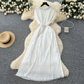 Frenchclassyelegant heavy industry beading round neck short sleeve pleated dress women's summer waist slimming lookelegant long skirt