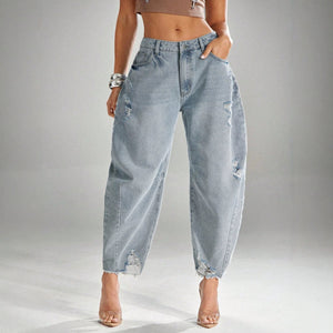 Fashionjeans women's frayed high waist scimitar style pants raw edge trousers high street loose curved wide leg cropped pants