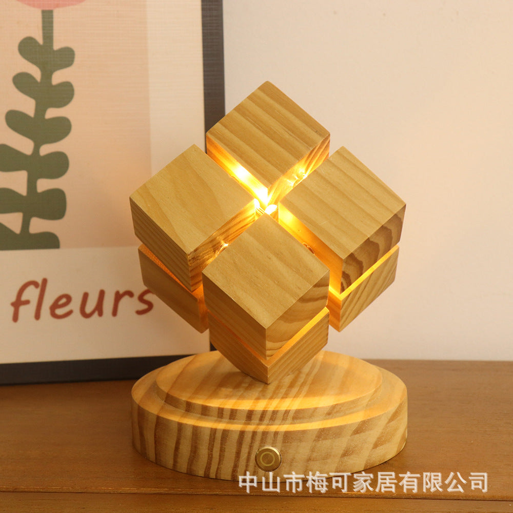 Creative Gifts Wooden Ambient Light Ornament LED Night Light Fourth Step Rubik's Cube Bedside Light with Battery Box