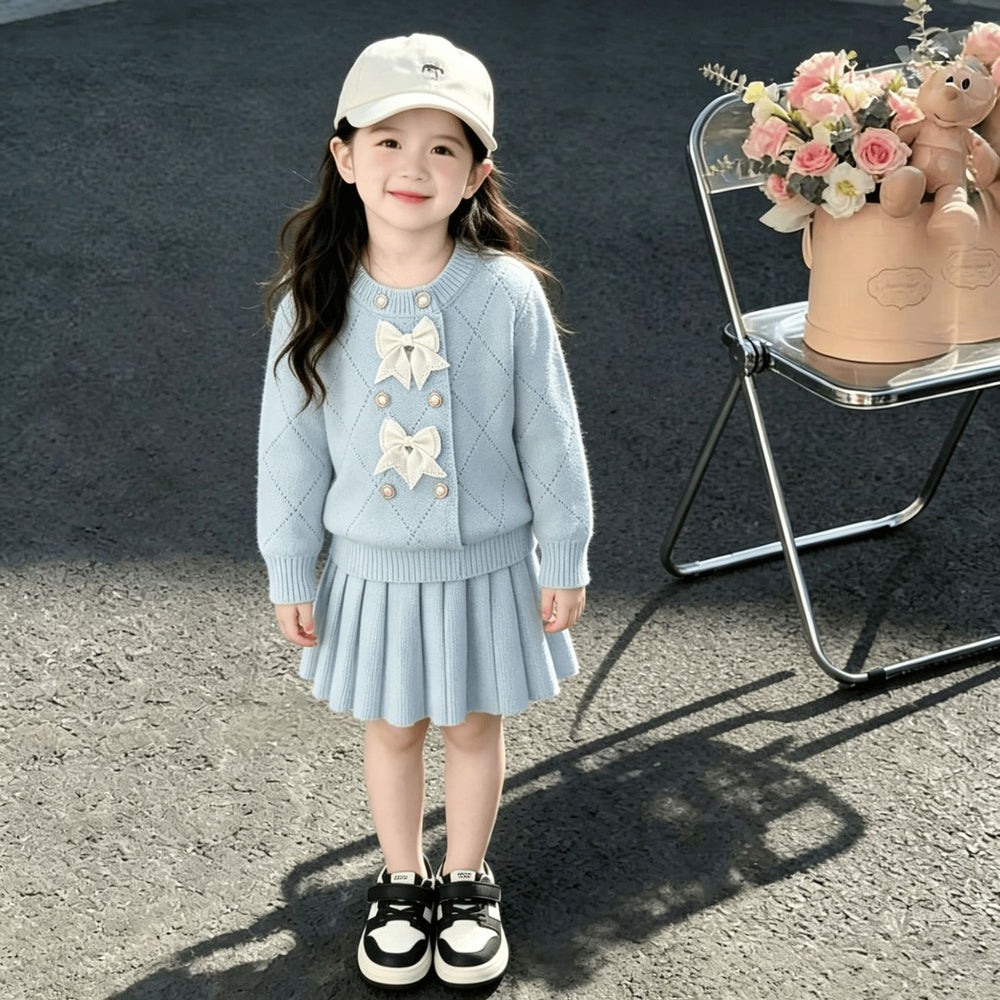Girls' knit sweater set -  autumn/winter collection: chanel-inspired jacquard double-breasted cardigan & premium knit midi skirt two-piece set