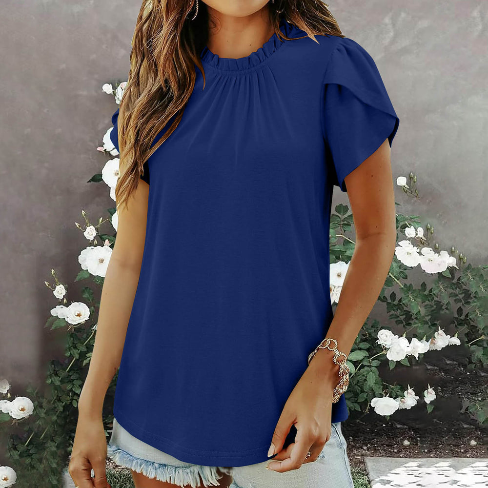 cross-border women's solid color button-down crew neck short sleeve ruched top